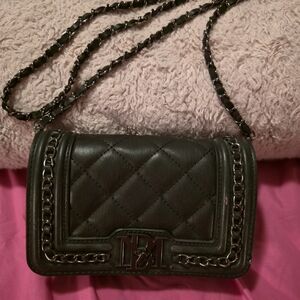 Badgley Mischka black quilted vegan leather crossbody bag with a chain strap